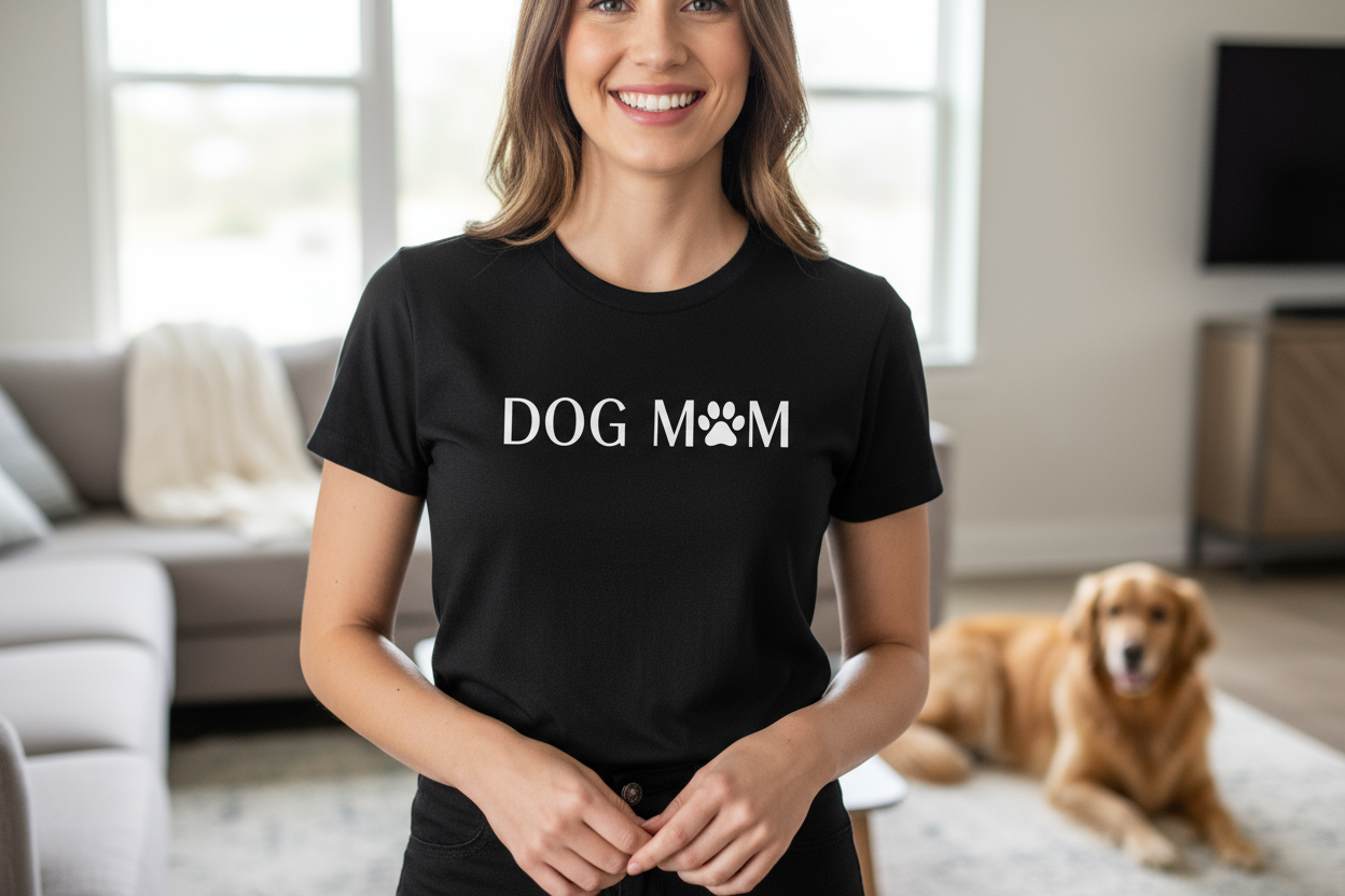 White lady smiling wearing a premium black t-shirt printed with dog mom graphic